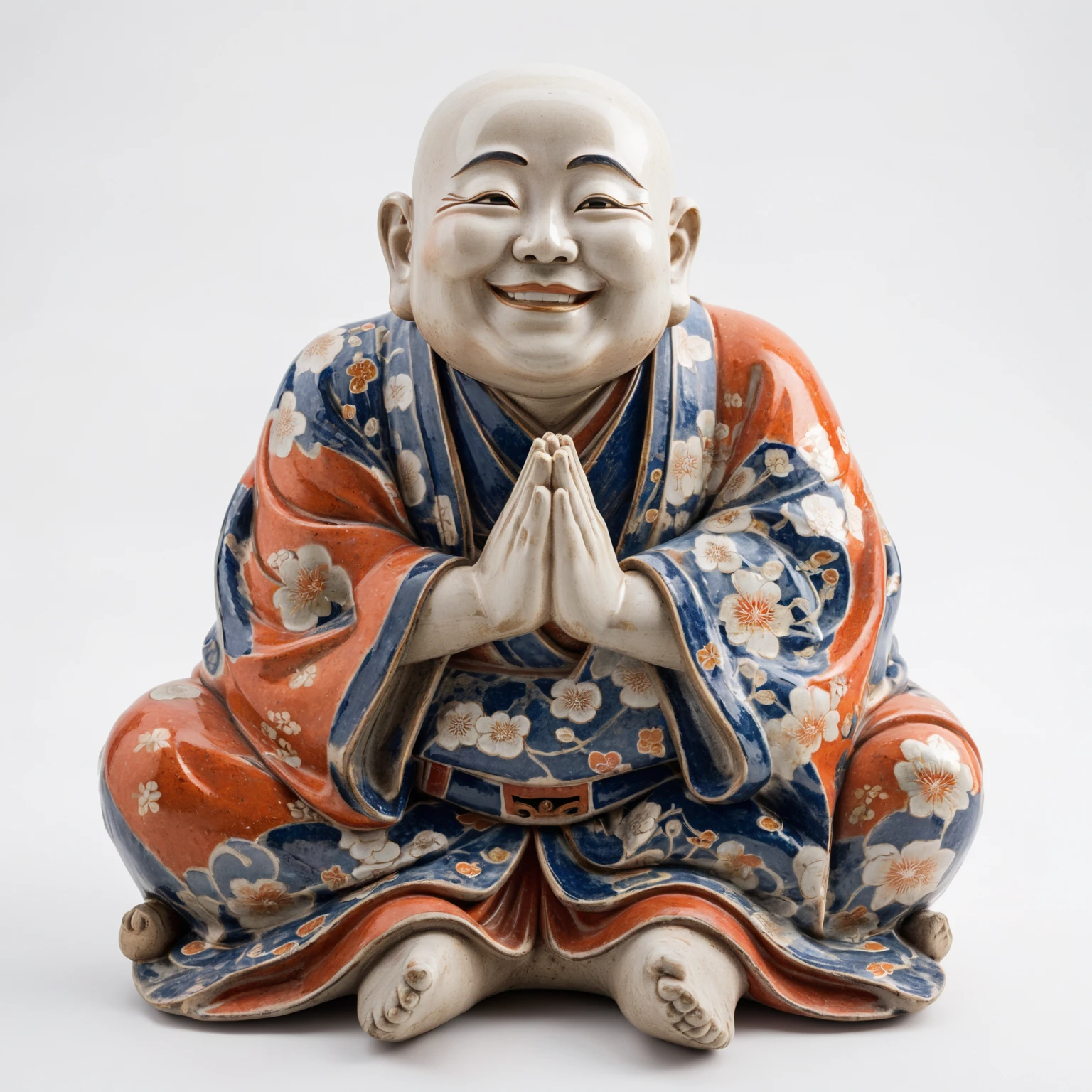 Close-up of a statue of a smiling man with his hands folded, Japanese God, Hotei is on the table, Ancient Japanese monks, Ceramic statue, Studio photo of a ceramic figure, finance, Written by Kano Tan'yū, Inspired by Sesshu Toyo, God of Wealth, Ukiyo-e sculpture