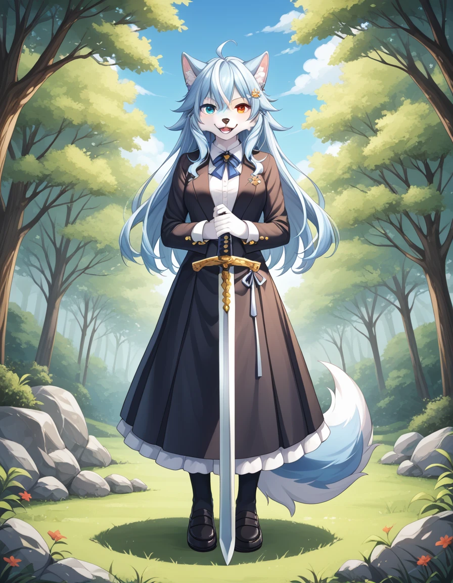 毛茸茸of, Fraction_of, pushrod, Wolf, 独自of, 1furry , 毛茸茸of, Blue and white, sword, Tail, 可爱of, 短of, Heterochromia, Cartoon, Flat Color, 简单of阴影, Full body portrait,Forest Background, 模糊of背景,幼小of，