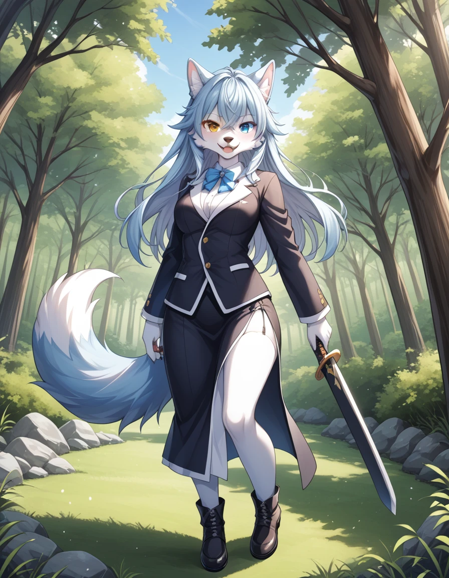 毛茸茸of, Fraction_of, pushrod, Wolf, 独自of, 1furry , 毛茸茸of, Blue and white, sword, Tail, 可爱of, 短of, Heterochromia, Cartoon, Flat Color, 简单of阴影, Full body portrait,Forest Background, 模糊of背景,幼小of，