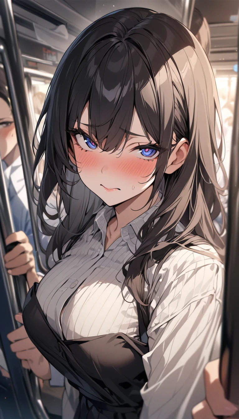 masterpiece, High resolution, perfect face, Japan beauties, 30 years old, beautiful face, in the crowded train, high school student, embarrassed look, look at the camera, (top quality eyes), detailed texture, Look at me, Married woman, cool women, ((high resolution eyes)), hentai