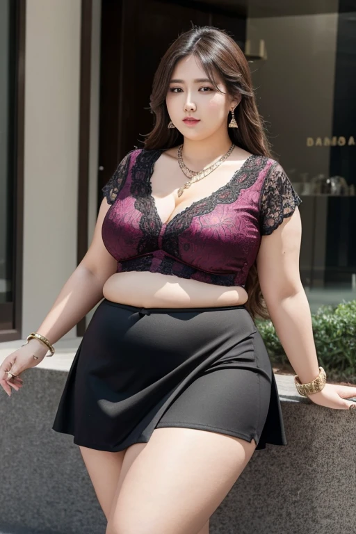 130kg, morbidly obese woman, abdominal obesity, fat belly, large belly, protruding belly, big belly, convex belly, abdominal exposure, exposed navel, mini skirt, high heel, earring, necklace, bracelet, Outer eyelid