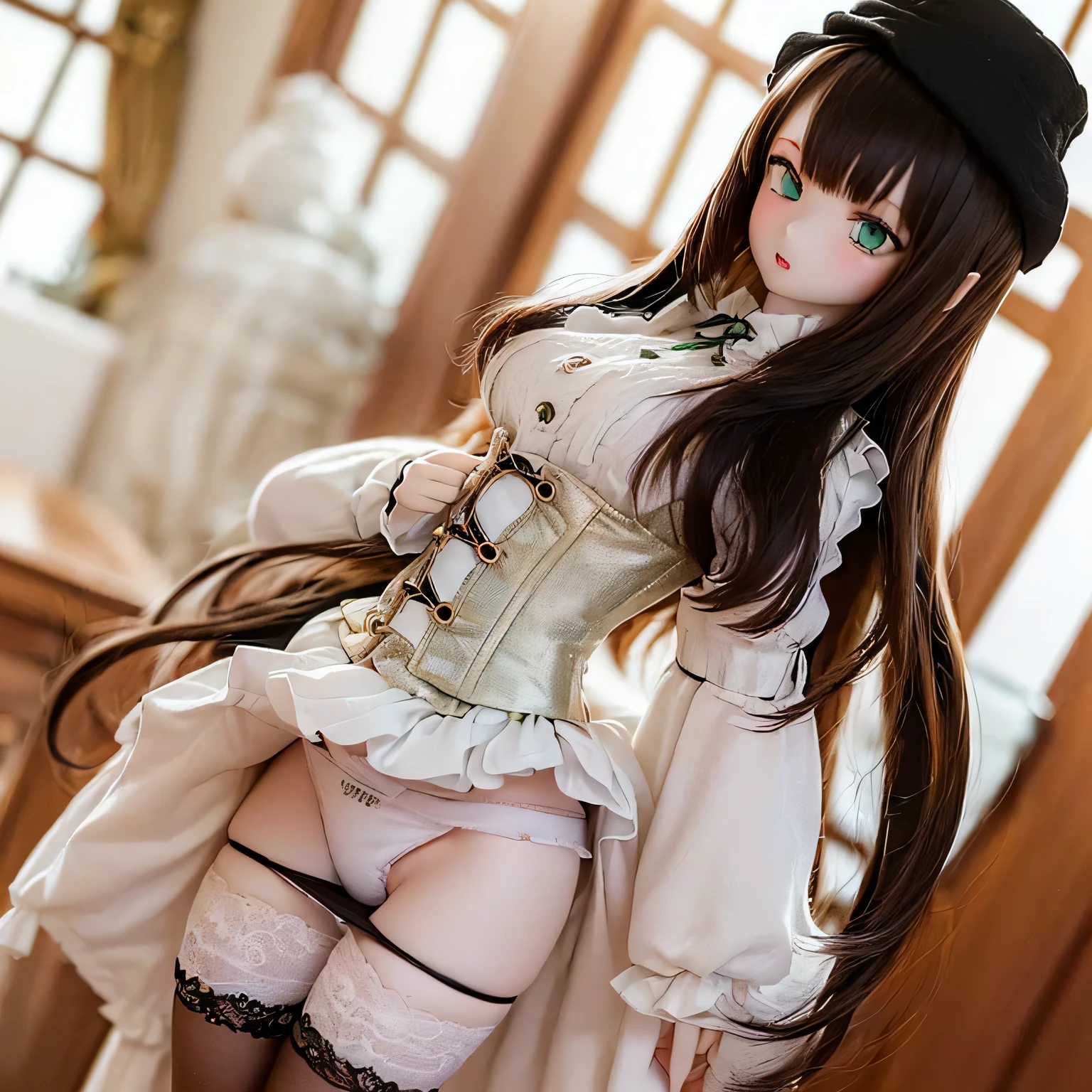 (SFW:2), photorealistic, realistic photo, 8k, ((highest quality)), ((masterpiece)), (extremely detailed), kukolnydom, doll, (mature woman, 20yo, 20 years old, solo, panty flash:1.6), ((cowboy shot, dynamic pose, slim, slender, skinny, medium breasts, bowler hat, frilled shirt, puffy sleeves, corset, tiered pannier skirt, thigh-high socks)), (green eyes, brown hair, long hair, plastic skin, looking at another, glass eyes, gradient eyes, shining eyes, detailed eyes:1.3)