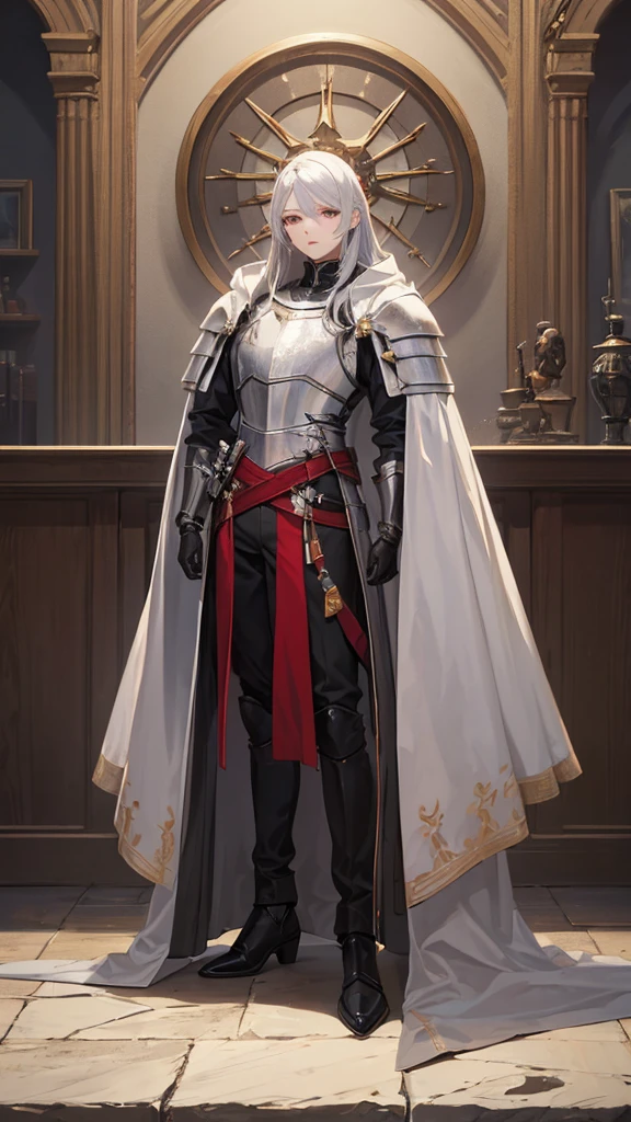 (masterpiece, 4K ,Super detailed:1.2), (anime:1), (Perfect quality), The whole body is shown, View Viewer, Knight Commander, Full Body Art, Silver Hair, White skin, Red iris eyes, Knight's full plate decorated armor, Silver Cape, Perfect detail
