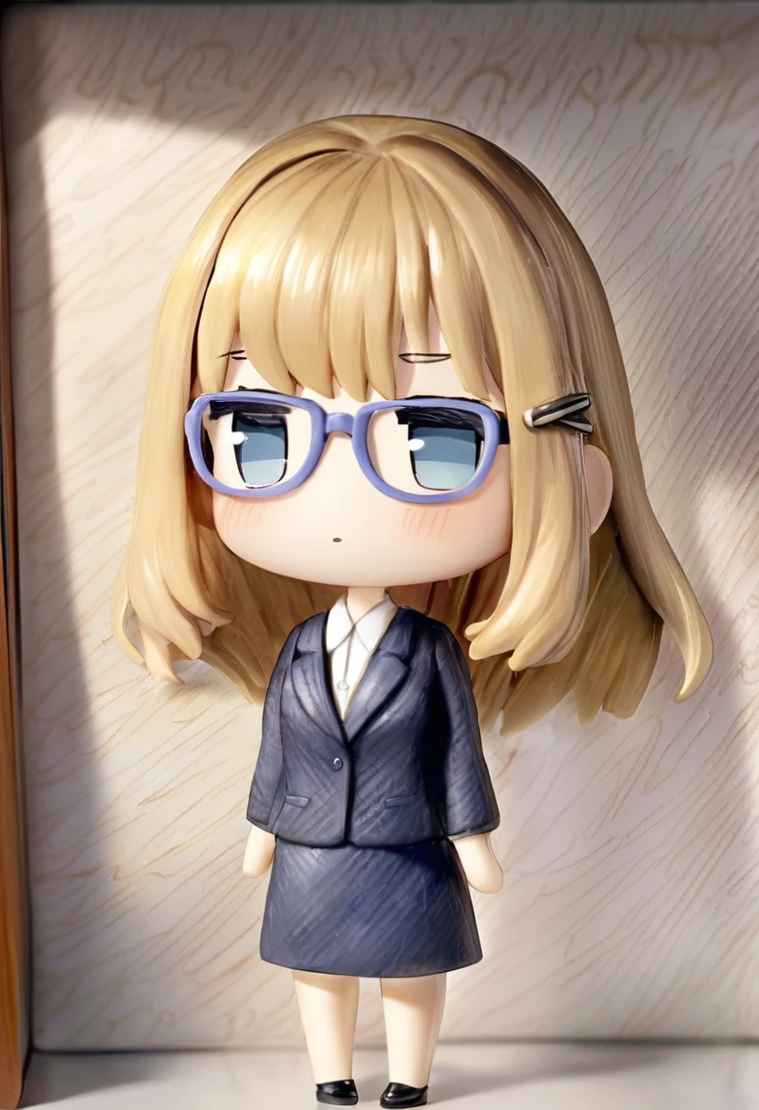 there is a doll with glasses on a shelf in a room, style as nendoroid, ( highly detailed figure ), nendoroid 3 d, wearing a collared shirt,panties and glasses, arms up,open mouth,nendoroid, with glasses, water color nendoroid, super highly detailed, eyes in the style of nendoroid, captured on canon eos r 6, very very high detailed