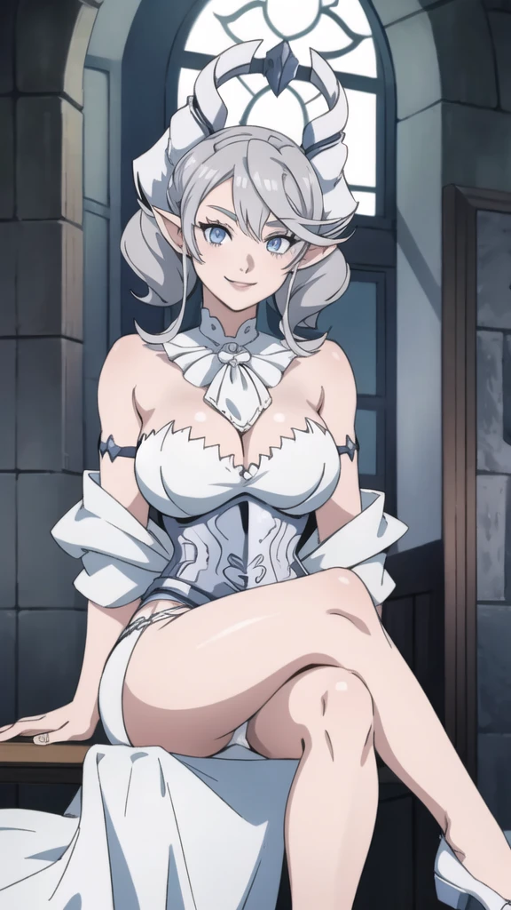 Beautiful arts wallpaper morning Outside castle top  High level image quality　best image quality　8K　 adult woman      more colors   whole body view　portrait　 wearing pure white bikini  　white horn    ears  　short hair（（shortcut）（gray hair）（perm）（fluffy））　eye color is blue ,  　attractive evil face , smile   ,  sitting on human slave    ,  labrynth      , crossed legs,  