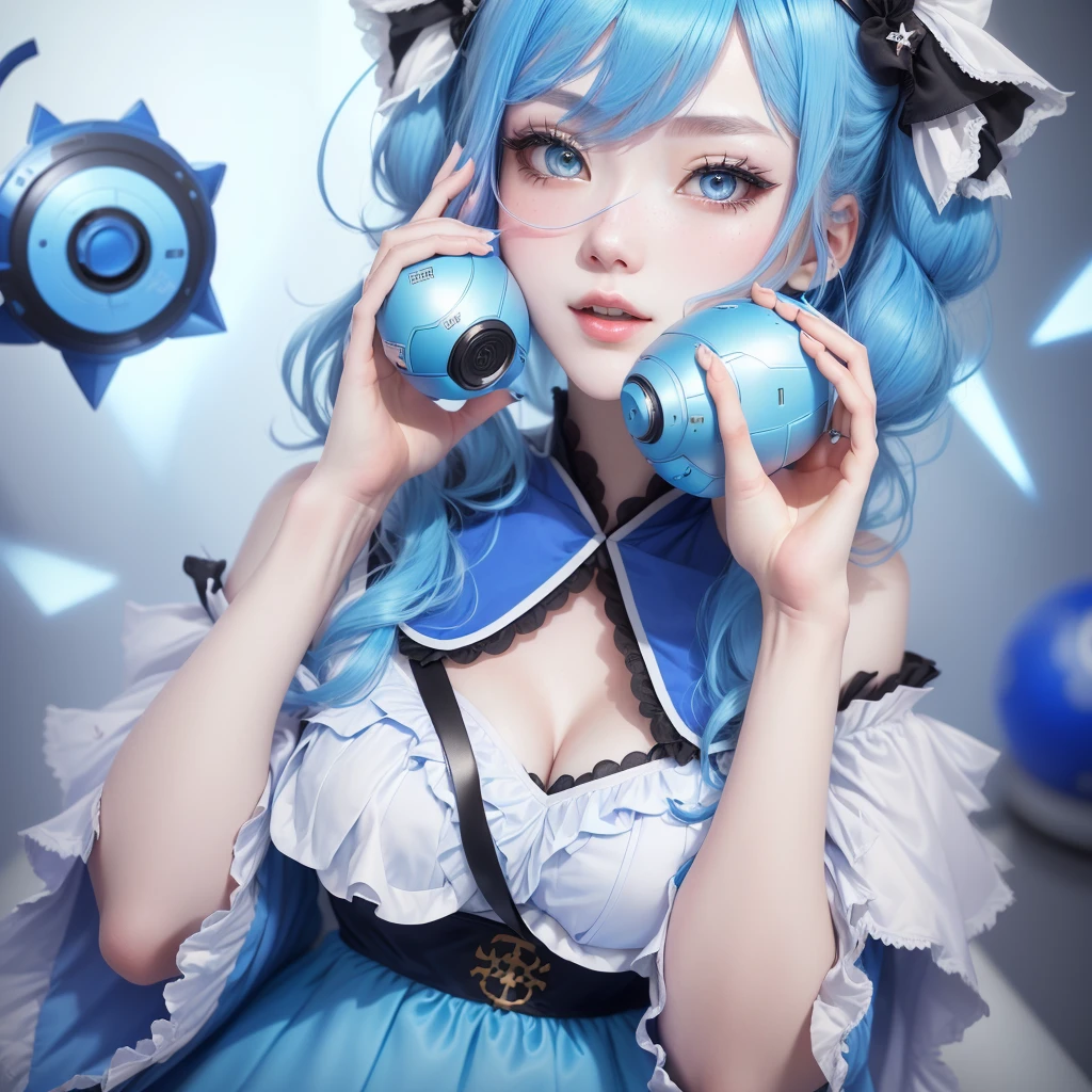 araffe girl with blue hair and a blue dress talking on a cell phone, anime girl cosplay, anime cosplay, 中 元 节, shikamimi, pastel blue, , belle delphine, pale blue skin, cosplay, pale blue, pale milky white porcelain skin, sakimichan, kanliu666, 8k))