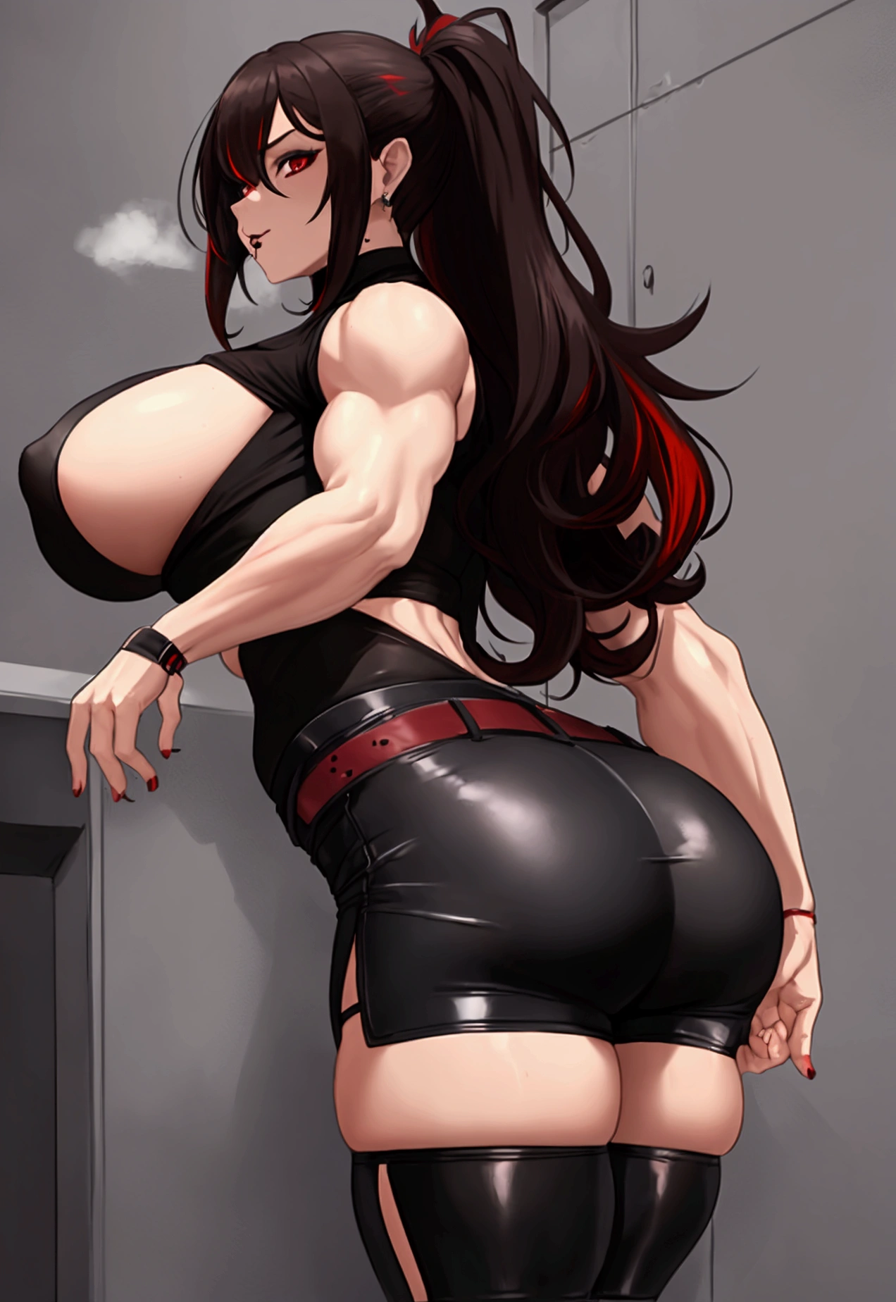 Goth muscular adult woman with little breasts and a lot of ass wearing shorts and a black shirt with brown wavy hair with a red streak, facing forward