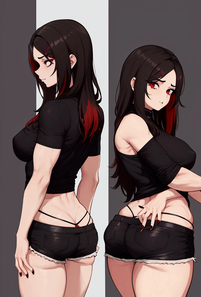 Goth muscular adult woman with little breasts and a lot of ass wearing shorts and a black shirt with brown wavy hair with a red streak, facing forward