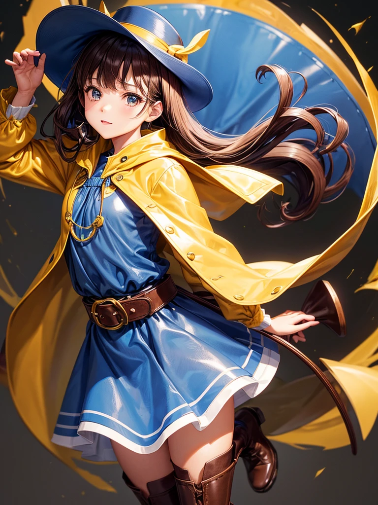 high resolution、high quality、masterpiece、detailed、1 female、Brown Hair、Medium Hair、Outward curl、A blue pointed hat with a brim、Blue collar、((Yellow smock))、Roll up your sleeves to your shoulders、Leather belt at waist、black tights、Leather boots、Blue Cape、