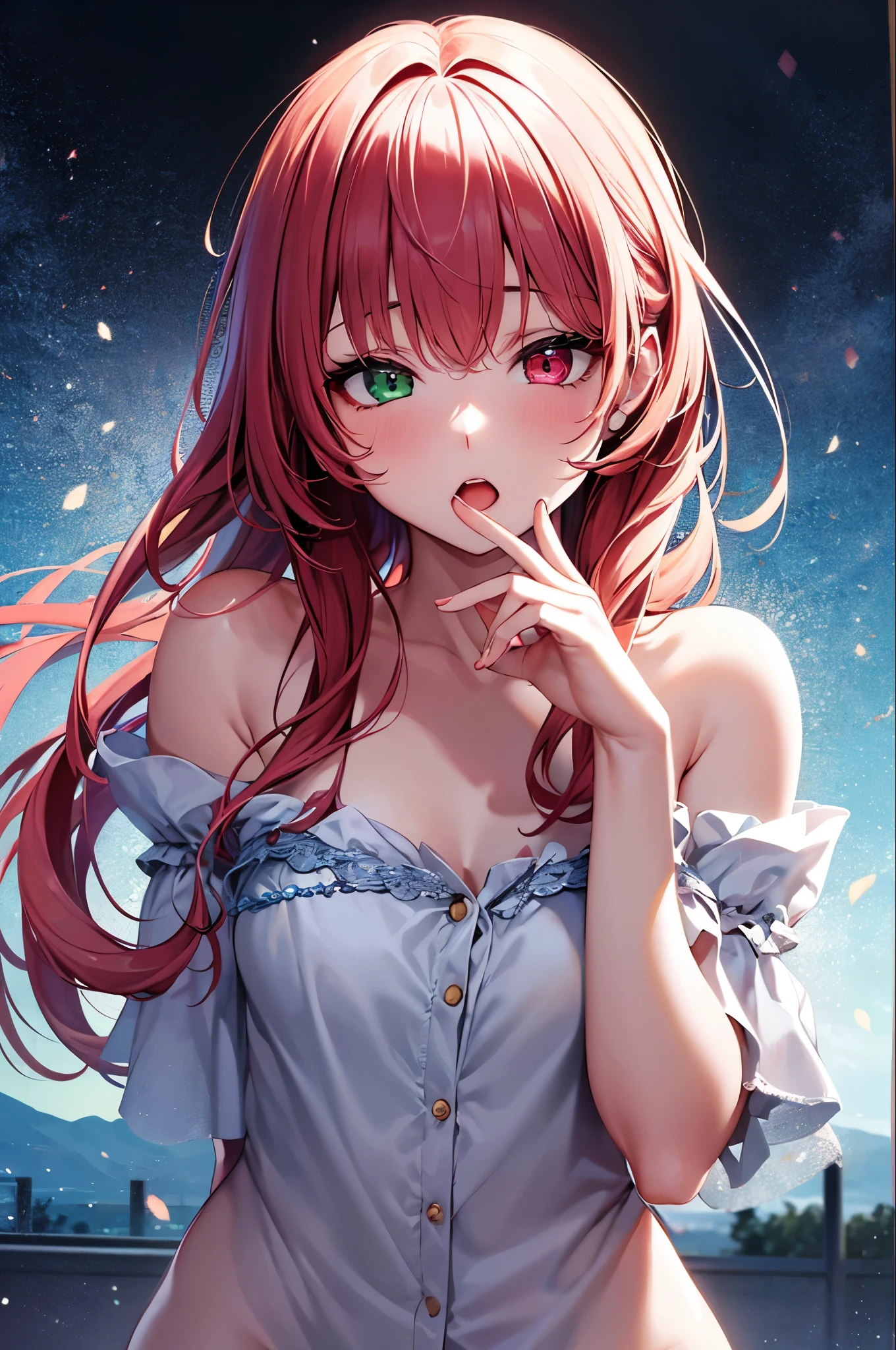 Highest quality, masterpiece, Ultra-high resolution, One girl, Off the shoulder, Kiss pose, Heterochromia iridis,Cowboy Shot、Slow Shutter Speed、