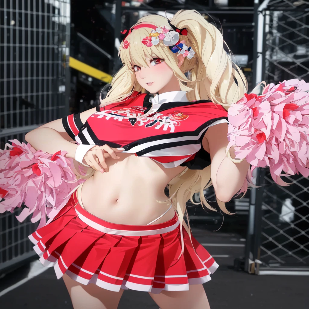 Blonde woman in cheerleading uniform posing for camera, anime girl role play, anime role play, role player, ayaka role play, role play, role play photo, role player dressed like a crab, 《Persona 5》High-curled apricots, Junko Enoshima, Sakimi Chen, publicity role play, Morita Yukii, professional role play, Cute, full-role play, Sakura Haruno