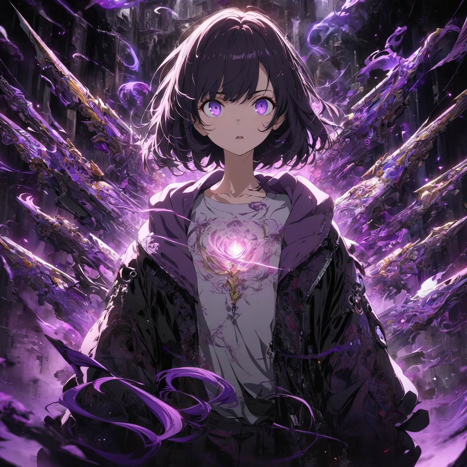 a girl Wearing a very unique casual styled outfit, purple shadows hollow surrounding her, her expression is mostly blank and neutral, with eyes slightly open and a straight mouth, (nude:0.5), weapons that are made out of purple shadow swirling in the air, more weapons made out of black and purple shadows are floating around her, in a Dark and dramatic background, Hints her power theme and sparks to illuminate the characters, detailed gorgeous face| anime style| key visual| intricate detail| highly detailed| breathtaking| vibrant| panoramic| cinematic| Carne Griffiths| Conrad Roset| gibbli 8k