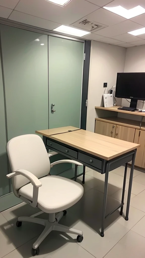 (hospital examination room) In the building, desk