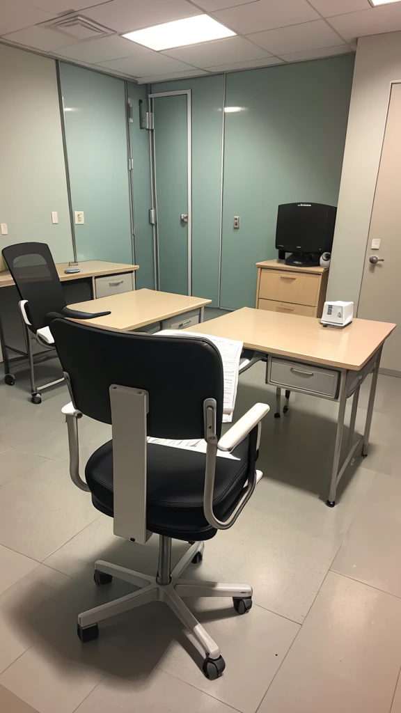 (hospital examination room) In the building, desk 