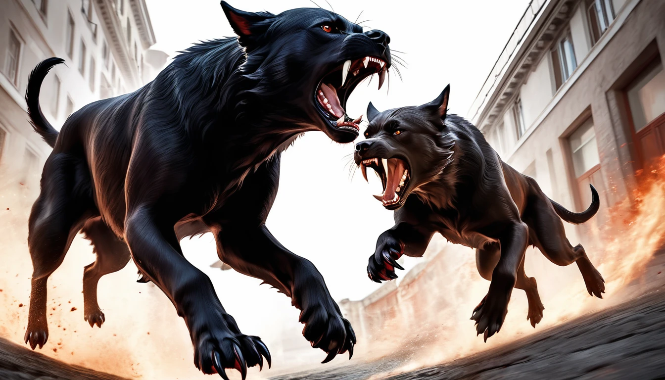 Realistic photos, RAW Photos, Cerberus, attacks viewer, Powerful movements, jump on prey, ((Dynamic jump)), Sharp Claws, Cerberus approaching from above, sudden approach, Bad-tempered, dynamic Shot from grand