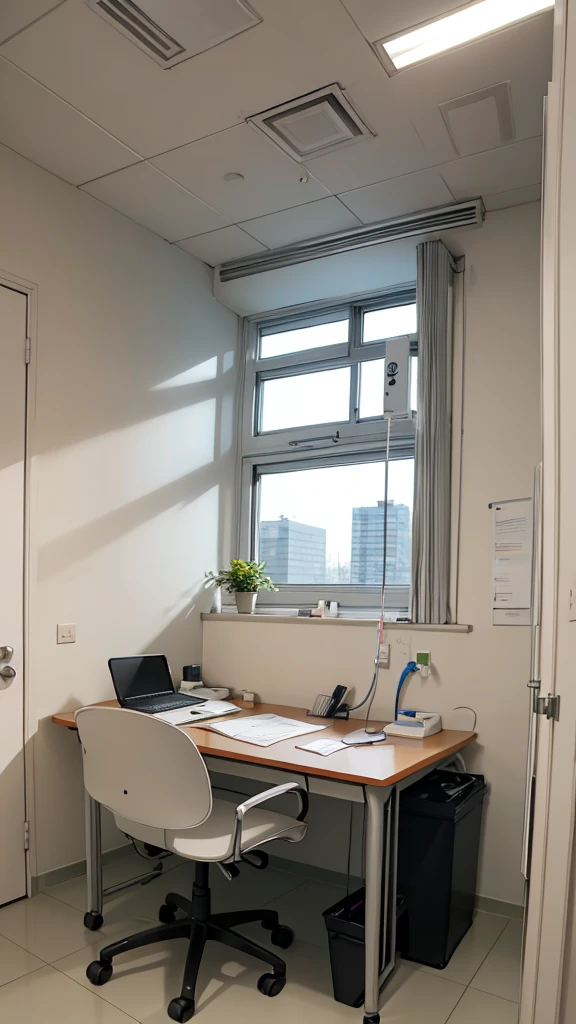 (hospital examination room) In the building, desk