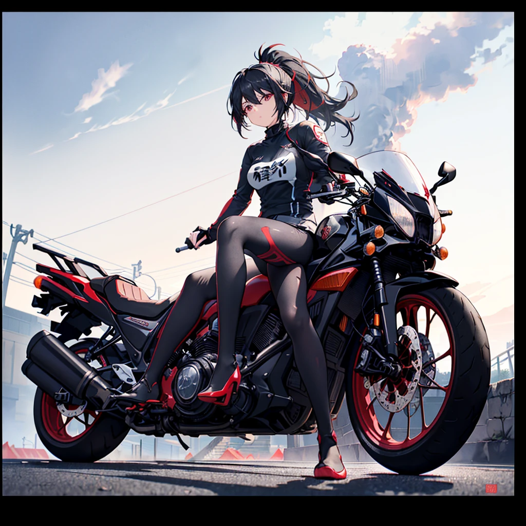 ((((Female rider、forward leaning posture Full Body Tights、Black Red Motorcycle、get on)))) (((Black Hair、ponytail、Blowing in the Wind Bright red eyes))) ((Expressway、night)) Shining Edge Shining Background