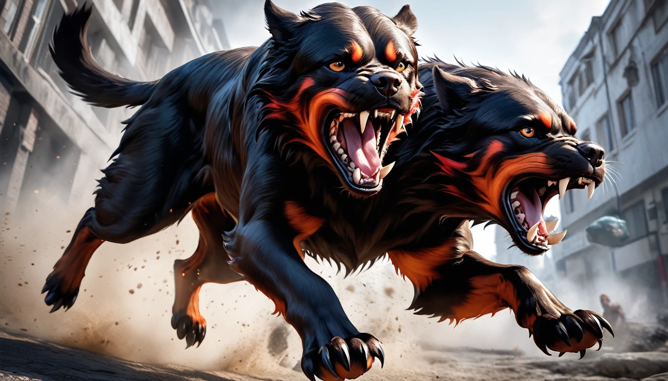 Realistic photos, RAW Photos, Cerberus, attacks viewer, Powerful movements, jump on prey, ((Dynamic jump)), Sharp Claws, Cerberus approaching from above, sudden approach, Bad-tempered, dynamic Shot from grand