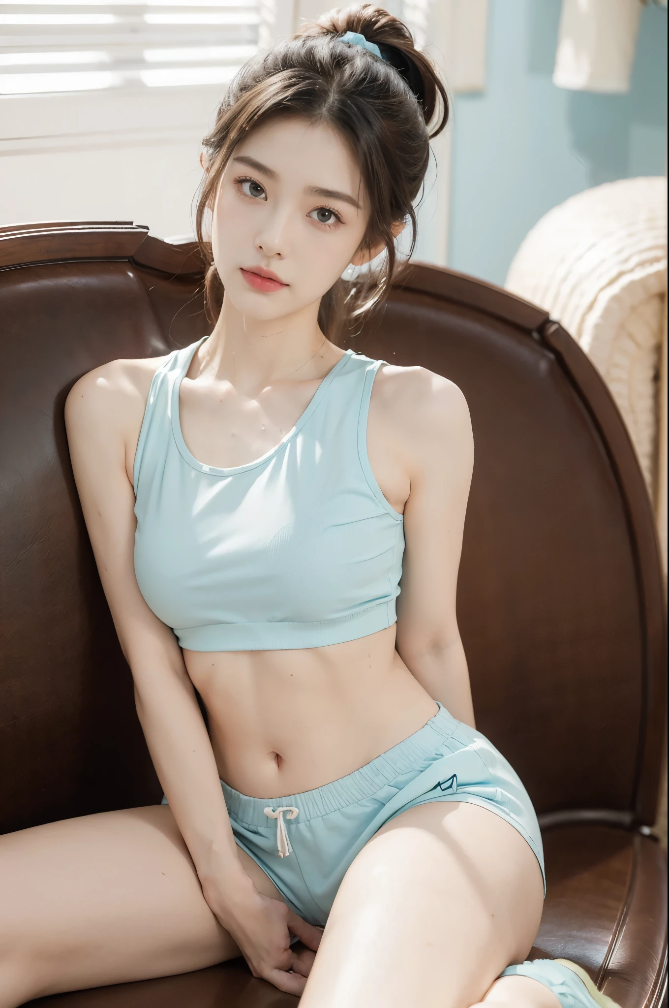 (((best quality))),(((ultra detailed))),(((masterpiece))),illustration,(1 beautiful girl,solo),((slim,thin)),((small breasts,flat chest)),(blush:1.5),summer afternoon,living room,sanctuary of tranquility,fitness,grace,(short ponytail:1.2),effortless elegance,((light blue yoga tank top,matching shorts)),youthful radiance,enchanting,inspiring,(sitting on treadmill:1.3),(arms behind back:1.3),(spread legs apart:1.3),body drenched in perspiration,(sweat:1.5),dedication,inner strength,determination,composed,focused,eyes,lush potted plant,greenery,life,vitality,soft sunlight,warm patches of light,fragrant cookies,cozy ambiance,attire,functional,fashionable,comfort,flexibility,slender figure,curves,lightweight material,unrestricted movement,sneakers,feet,grip,treadmill's belt,propel,forward,serene expression,slight smile,lips,focused on horizon,visualizing goals,dreams,radiant beauty, comfortable clothing,determined spirit,captivating,inspiring image,essence of summertime fitness,self-care,((from front,full body))