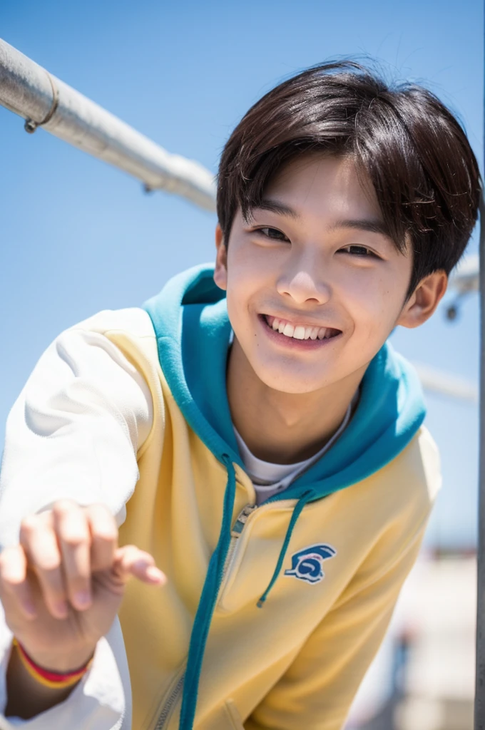 A Korean boy. Youthful and fresh with a playful smile. His appearance radiates youth and positive energy, which complements the group.