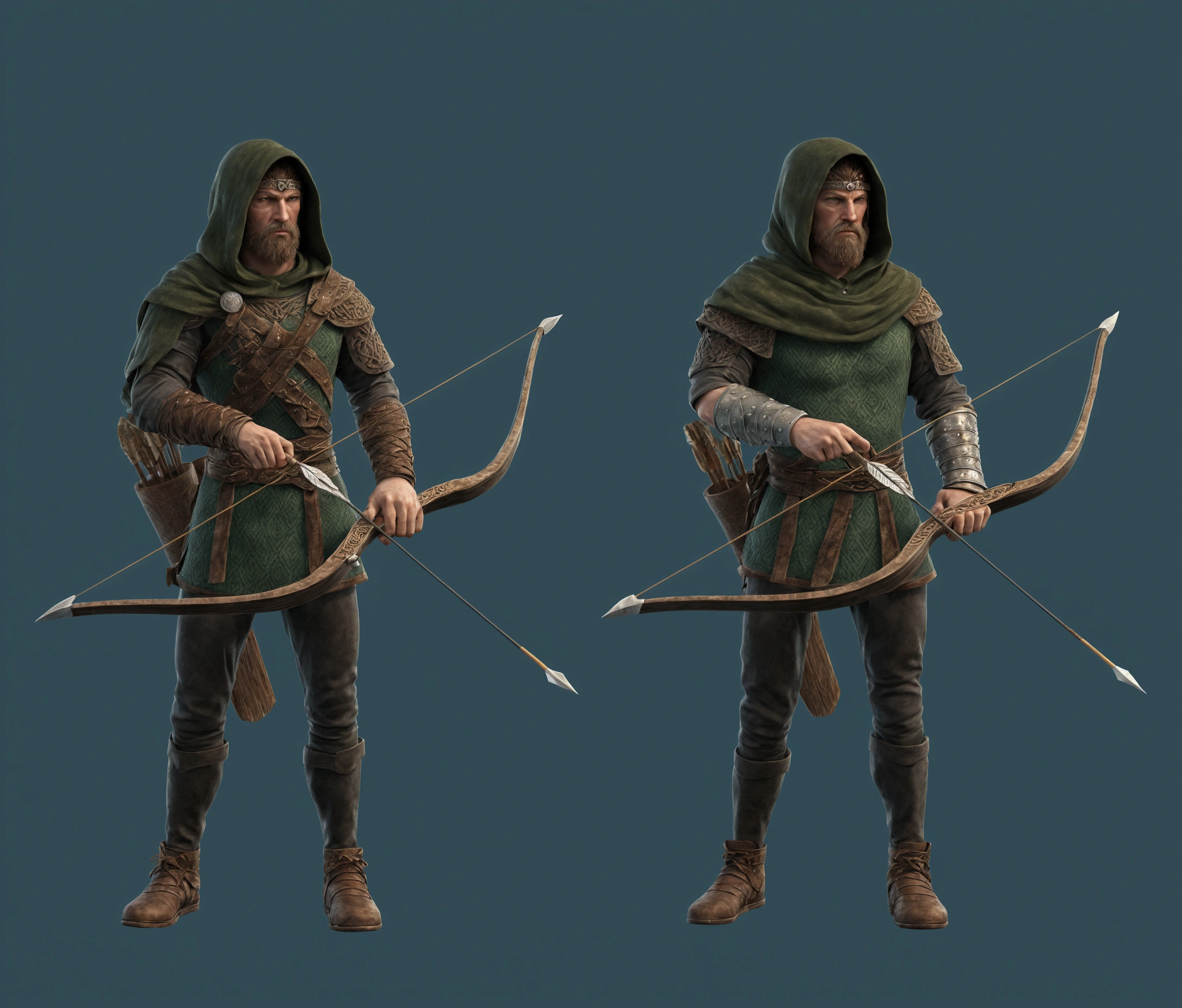 celtic warrior with bow and arrow, checkered hood, ultra realistic and detailed image