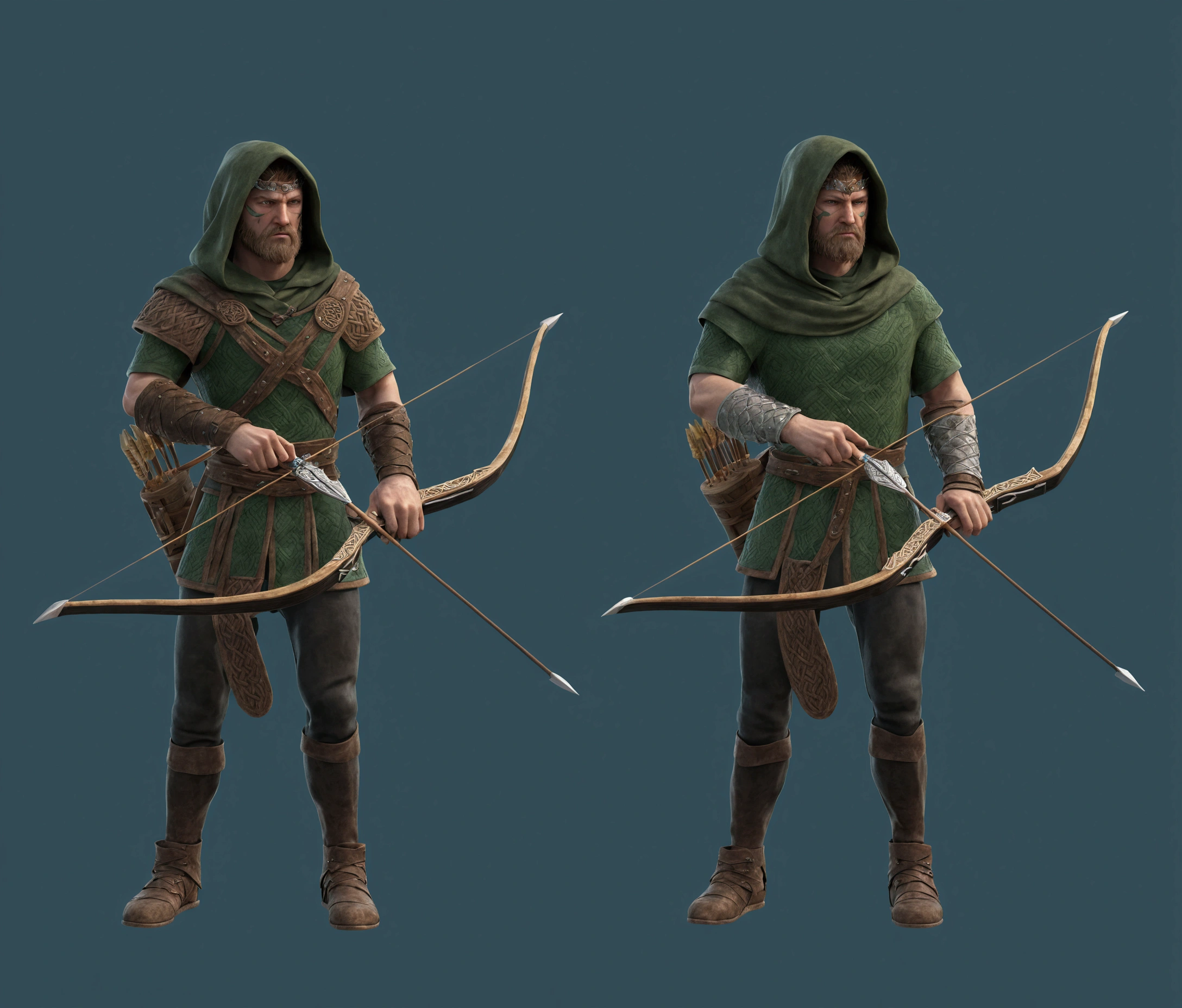 celtic warrior with bow and arrow, checkered hood, ultra realistic and detailed image