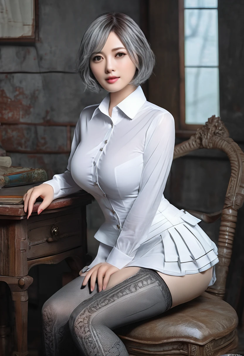 (((steampunk))),Ultra-realistic 8K CG, picture-perfectionな顔, perfection, clean, masterpiece, Professional artwork, Famous works of art, perfectionな顔, Beautiful Face, beautiful eye, ((perfectionな女性の体)),Large Breasts, alone,, ,skirt,,blush,Captivating look,Very detailed_eye,Thick thighs,((Gray Hair)), short hair,, Beautifully detailed backgrounds,Depth of written boundary,,BDSM,Skin Dentition,whole body,shirt,, pantyhose,