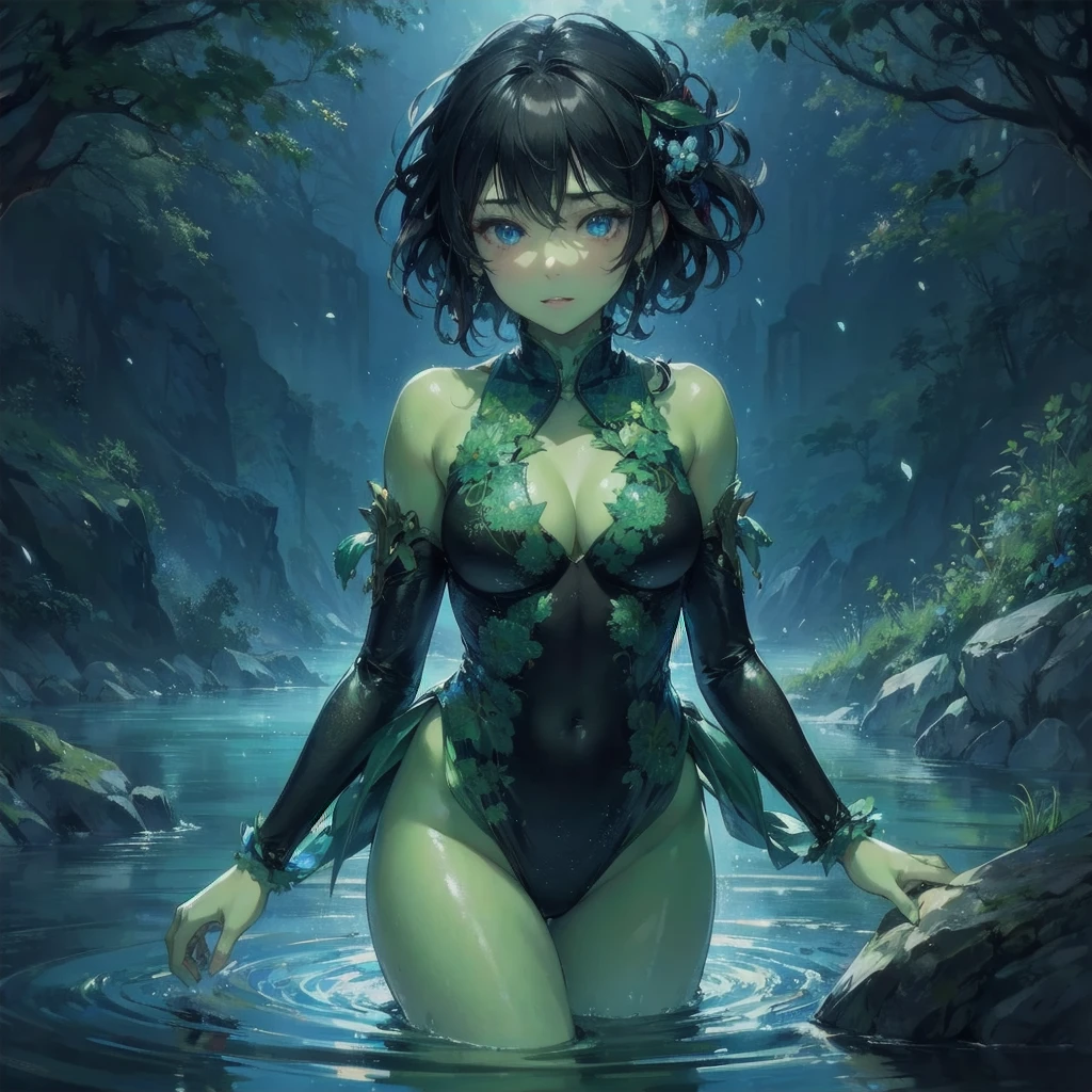  masterpiece, (textured skin), best quality, gorgeous beautiful, (a beautiful girl,Kappa,japanese water element),detailed clothes,large breasts,narrow waist,, (beautiful face), cinematic lighting, (fantasy anime art ),
