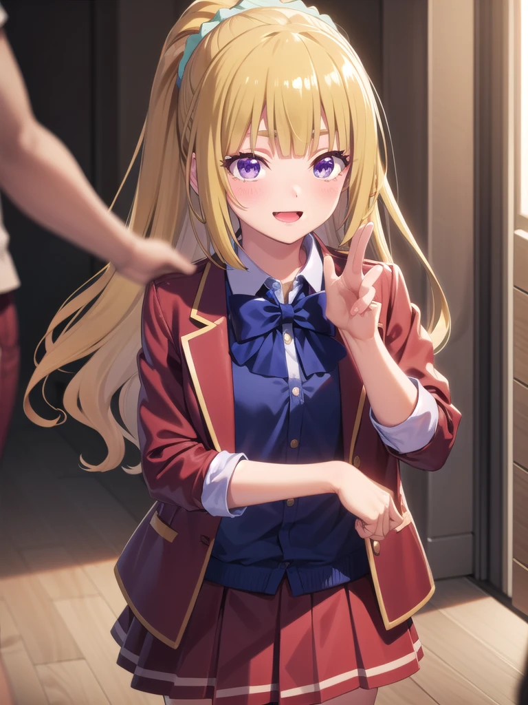 keikaruizawa, kei karuizawa, Long Hair, bangs, blunt bangs, (Purple eyes:1.1), Blonde, shirt, hair ornaments, ponytail, Scrunchie, blue Scrunchie, smile, break skirt, shirt, bow, , Jacket, (red Jacket:1.2), Pleated skirt, bowtie, sweater, (blue bow:1.2), (blue shirt:1.2), break indoors, classroom, break looking at viewer, (Cowboy Shot:1.5), break (masterpiece:1.2), Highest quality, High resolution, unity 8k wallpaper, (figure:0.8), (Beautiful attention to detail:1.6), Highly detailed face, Perfect lighting, Highly detailed CG, (Perfect hands, Perfect Anatomy), , (3D Face:1.1), (Shiny skin:1.5), (超High resolution intricate face details), (Facial skin pores:1.3), 超High resolution cloth texture, 大きなsmile、Blushing、Open your mouth, Showing off her perfect legs