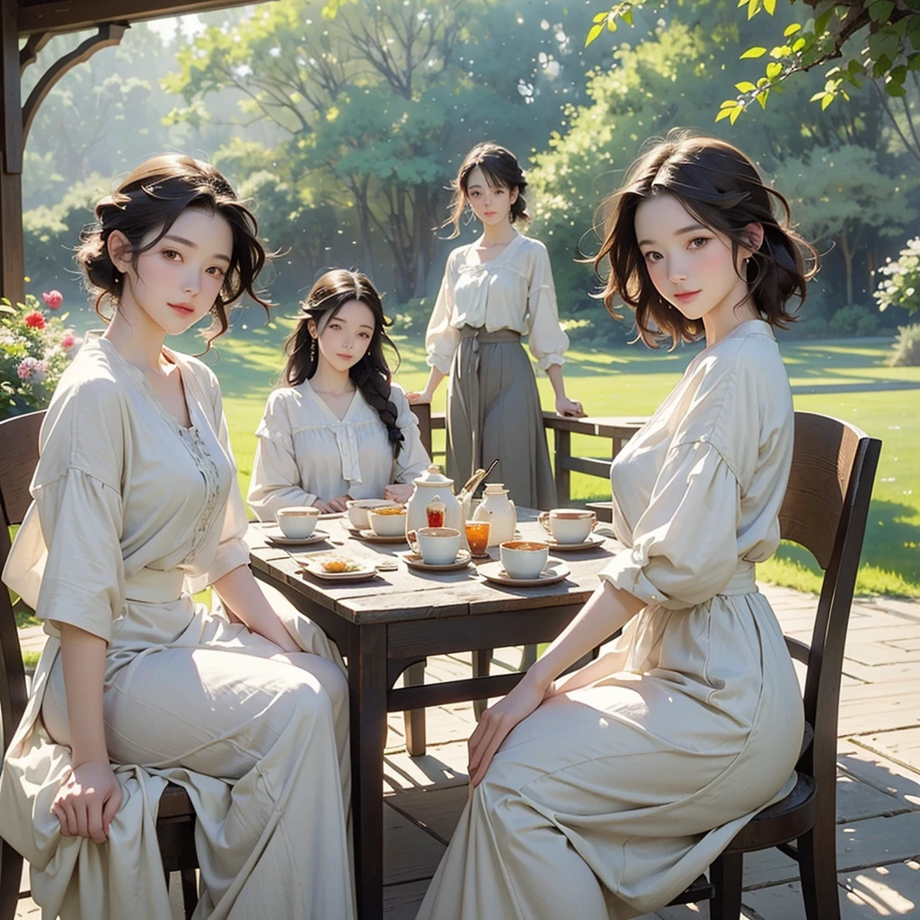 (Highest quality、masterpiece、High resolution)、(Sargent-style watercolor)、(Anime Art)、Soft Light、Cotswolds view、Old farmhouse、Flowers Bloom、(Three Women)、Medium Short Hair、Dark brown hair、Braided hair、White blouse and long skirt、picnic、table、Tea set、drink tea、Cinematic Light、Soft sunlight、Blur the background、