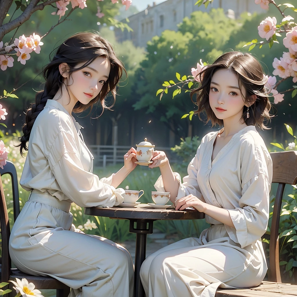 (Highest quality、masterpiece、High resolution)、(Sargent-style watercolor)、(Anime Art)、Soft Light、Cotswolds view、Old farmhouse、Flowers Bloom、(Three Women)、Medium Short Hair、Dark brown hair、Braided hair、White blouse and long skirt、picnic、table、Tea set、drink tea、Cinematic Light、Soft sunlight、Blur the background、