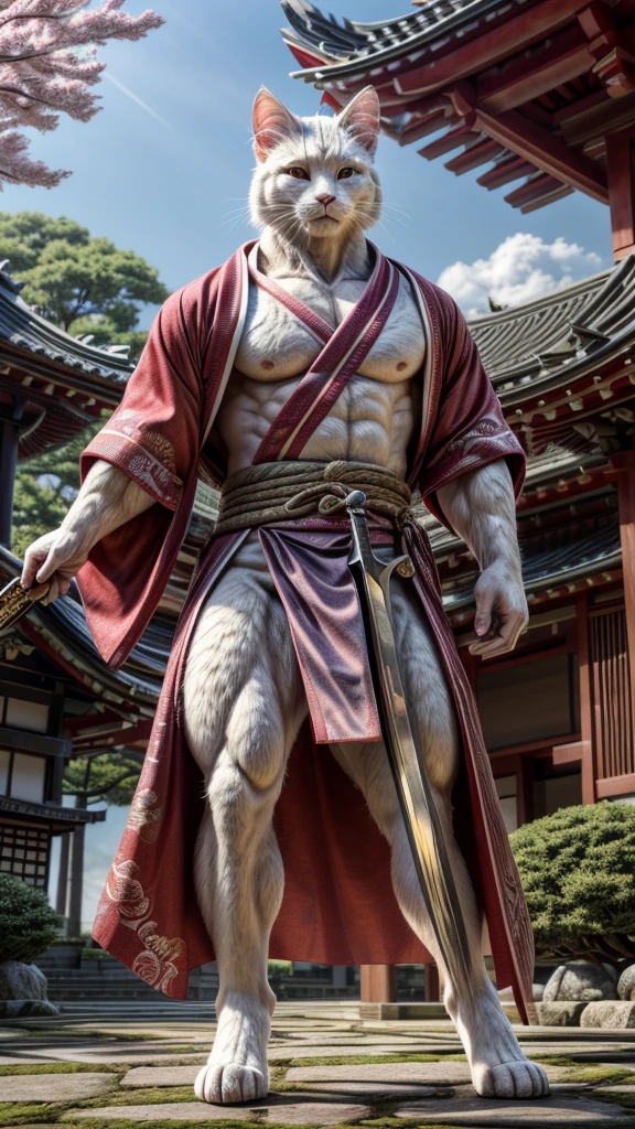(((8k))), (((High resolution))),((Highest quality)),A white cat wearing a kimono,muscle,Bipedal,upright,Short,3 heads,Serious face,samurai,Pulling out the sword,Shrine garden,SakuraFubuki,Ultra-realistic,8k,Ultra-fine,Super detailed,battle