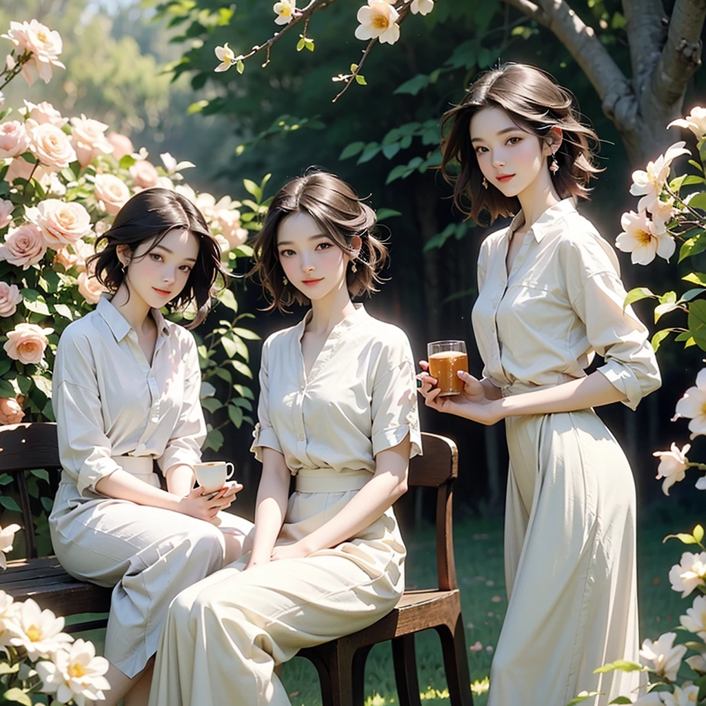 (Highest quality、masterpiece、High resolution)、(Sargent-style watercolor)、(Anime Art)、Soft Light、Cotswolds view、Old farmhouse、Flowers Bloom、(Three Women)、Medium Short Hair、Dark brown hair、Braided hair、White blouse and long skirt、picnic、table、Tea set、drink tea、Cinematic Light、Soft sunlight、Blur the background、