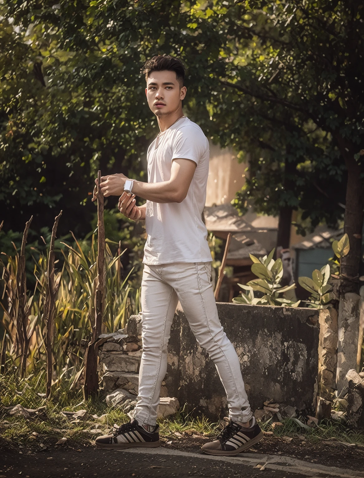 Change background house building sky light and white color shirt and hair styles and day click photo handsome boy cute boy realistic face hd photo ultra high quality 4k photo