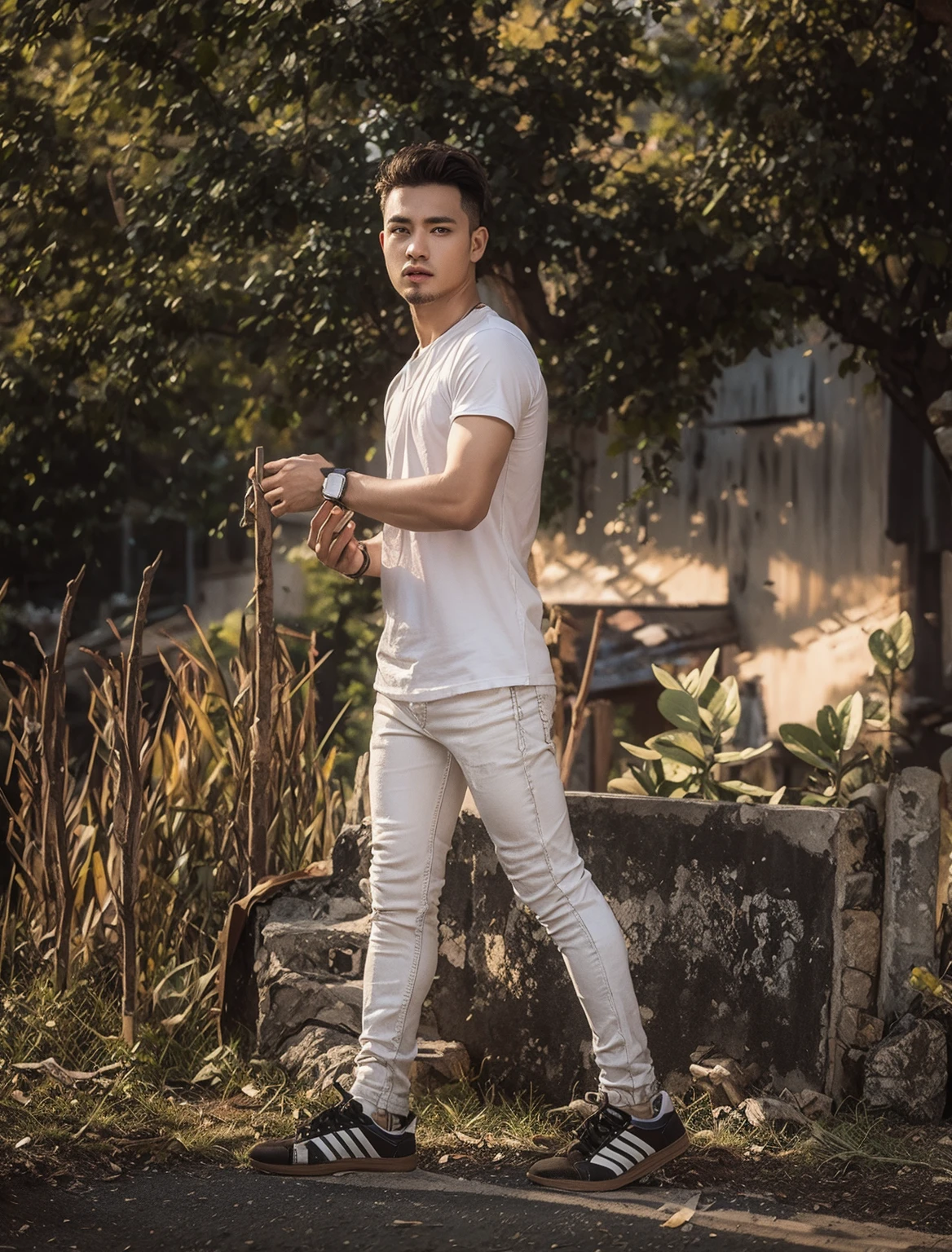 Change background house building sky light and white color shirt and hair styles and day click photo handsome boy cute boy realistic face hd photo ultra high quality 4k photo