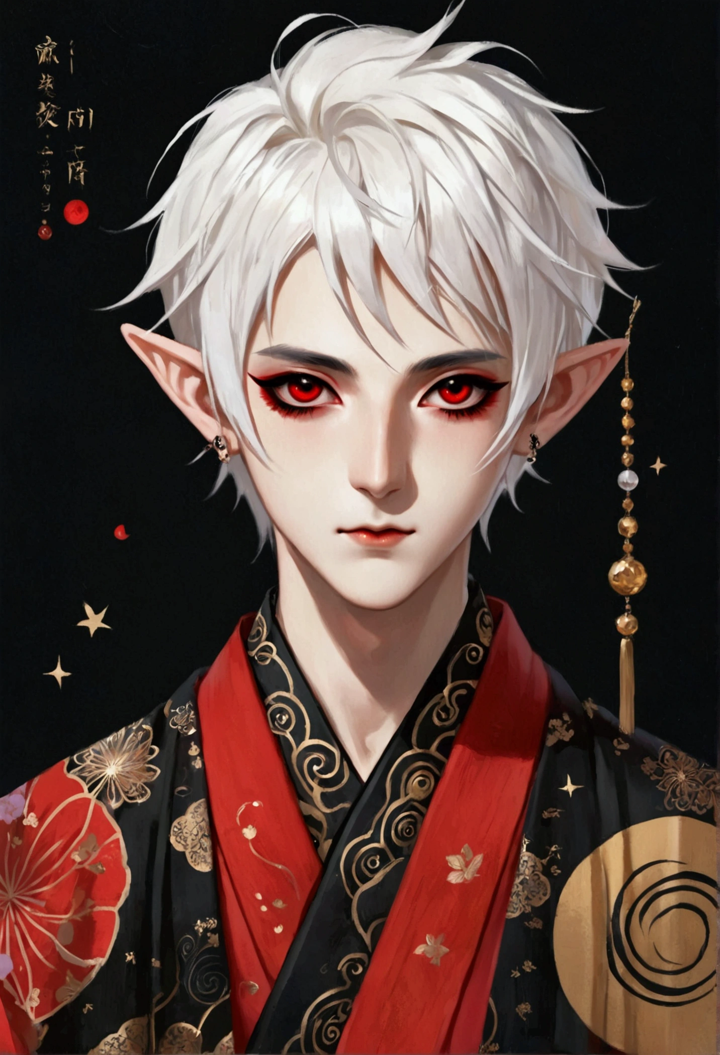 Japanese Anime,Gothic Art,(((1 Boy,独奏,third eye on the forehead,Dark eyeshadow.Middle-parted white hair-super short hair,Elf ears))),(((Gorgeous Japanese red kimono:1.6,Eye Diagram,Dark Pattern))).(((Thin body type:1.37)))
