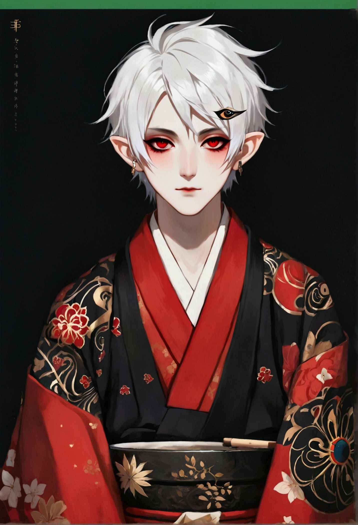 Japanese Anime,Gothic Art,(((1 Boy,独奏,third eye on the forehead,Dark eyeshadow.Middle-parted white hair-super short hair,Elf ears))),(((Gorgeous Japanese red kimono:1.6,Eye Diagram,Dark Pattern))).(((Thin body type:1.37)))
