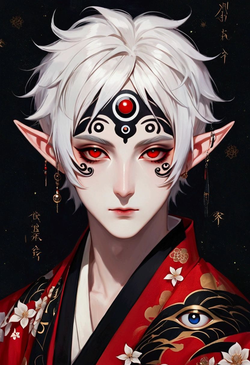 Japanese Anime,Gothic Art,(((1 Boy,独奏,third eye on the forehead,Dark eyeshadow.Middle-parted white hair-super short hair,Elf ears))),(((Gorgeous Japanese red kimono:1.6,Eye Diagram,Dark Pattern))).(((Thin body type:1.37)))