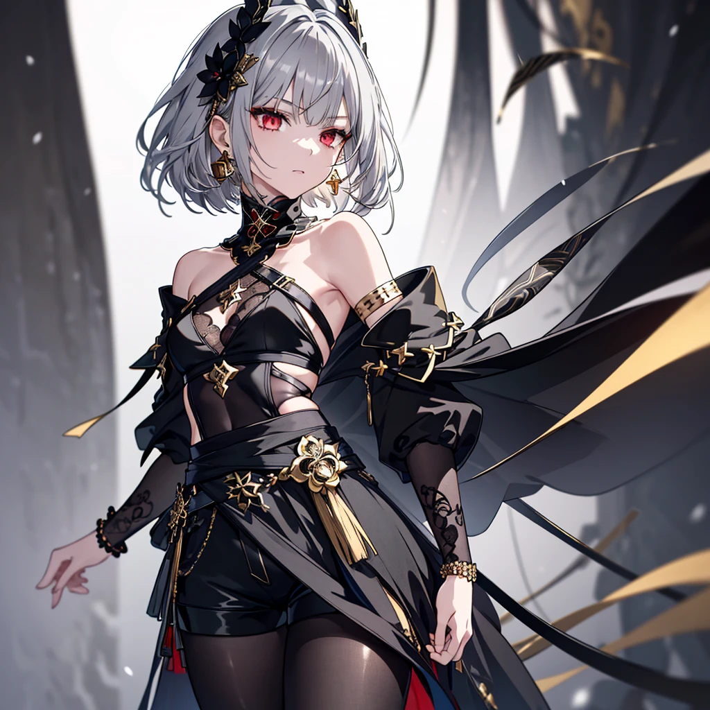 8k,High resolution RAW color art,Anime Art,Silver Marble Skin, (((Very detailed and cool))), Detailed skin, Bokeh、texture,(Exquisitely crafted, The finer details, Ultra-detailed art), (((1 girl))), Depth of written boundary, Silky Touch, Hyper Detail, (((Cool face))), eye shadow、Armed women, Beautiful detailed red eyes, Beautiful lip detail, Highly detailed face, Delicate depiction of hair and eyes, Detailed Fashion, Golden Earrings,Full body depiction, Black half top、(((Shoulder Bare)))、Black shorts、Waist Cloak、black tights、Golden decoration, Grey Hair, Golden bracelet, Straight Hair、Short Hair、(((Hair)))、Simple Background、(((Black theme)))、snow、Side view、Crouch、look down、cloth、cool、