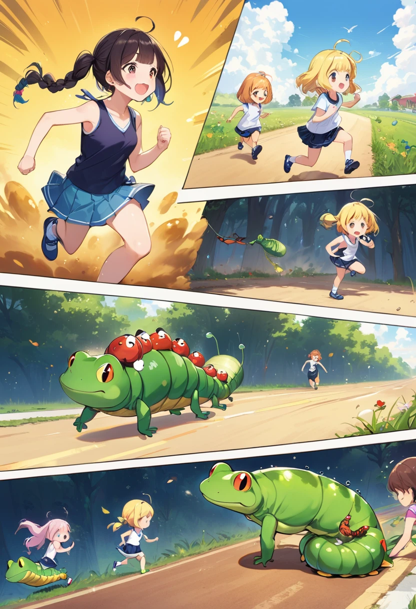 Highest quality、High resolution、Detailed Background、Beautiful face in every detail、Anatomically correct、Detailed facial expressions、fine grain、Cute hair color、Braided Ponytail、Braided bob cut、Braided twin tails、Lower grade primary school students, (Tank top、Vneck、mini skirt、Cute Shoes)、Running away from the caterpillar、 A caterpillar several dozen times larger than the girl is approaching from behind.:1.2、King worm、The caterpillar kicks up a cloud of dust as it approaches at breakneck speed、Frog families lined both sides of the road to cheer on the girl.:1.2, (The girl is crying、A lot of tears are about to flow、She looks like she's about to burst into tears、Photographed from the front
