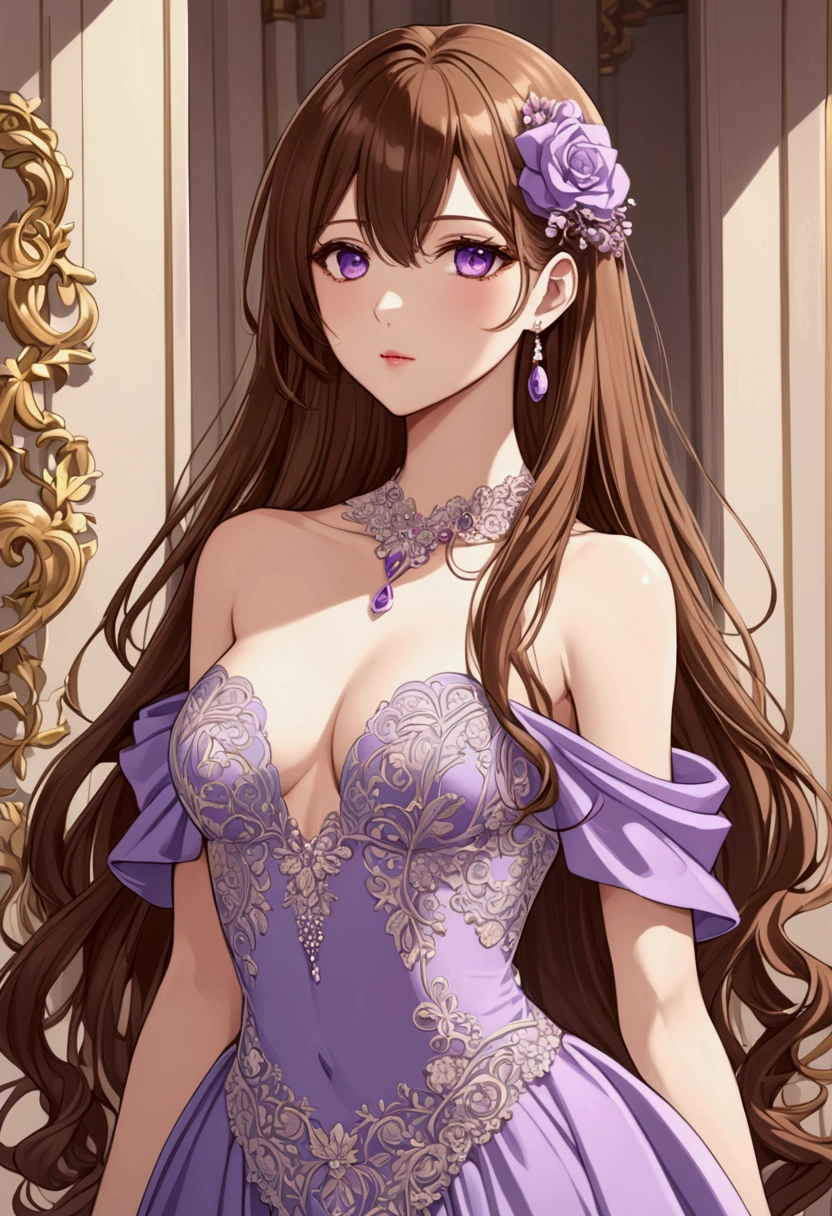 Anime girl, aesthetic body, long brown hair, purple eyes, elegant dress, tall