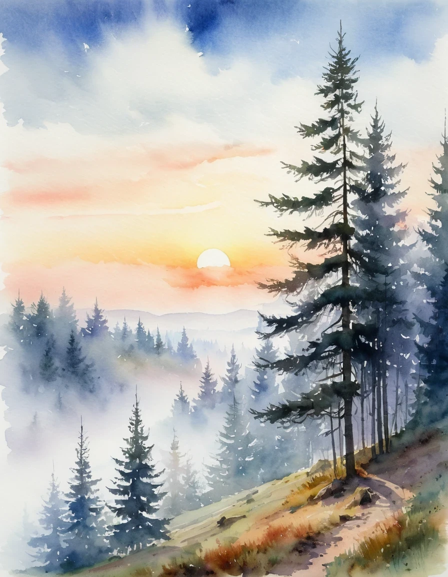 Paparotniks at sunset in the fog, beautiful fir trees in the background,gentle clouds,white fog, Stefan Kolesnikov+Konstantin Moskovsky, watercolor