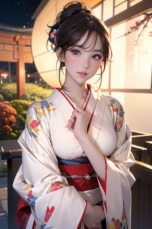 (Official Art、Highest quality、Unity 8k wallpaper、masterpiece、Ultra-high resolution)、Slender、Ample breasts、Highly detailed background、Beautiful girl in yukata、(Highly detailed face and eyes、Beautiful Face、Beautiful Eyes、Beautiful nose、Pretty lips)、Intimate Relationships、A friendly gaze、Japanese garden、Cowboy Shot、moonlight、Autumn scenery、