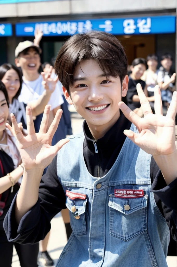 A Korean boy. Youthful and fresh with a playful smile. His appearance radiates youth and positive energy, which complements the group. He waves to his fans