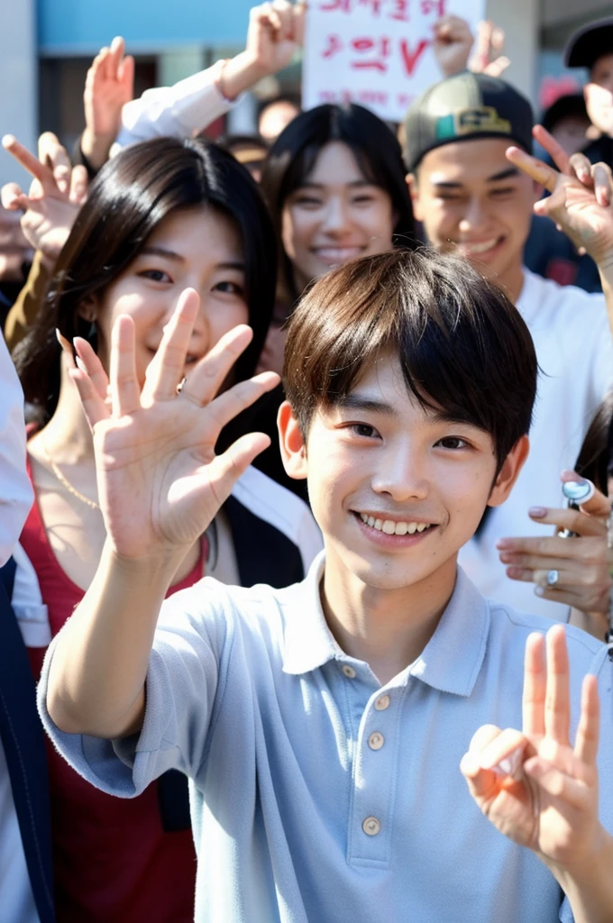 A Korean boy. Youthful and fresh with a playful smile. His appearance radiates youth and positive energy, which complements the group. He waves to his fans