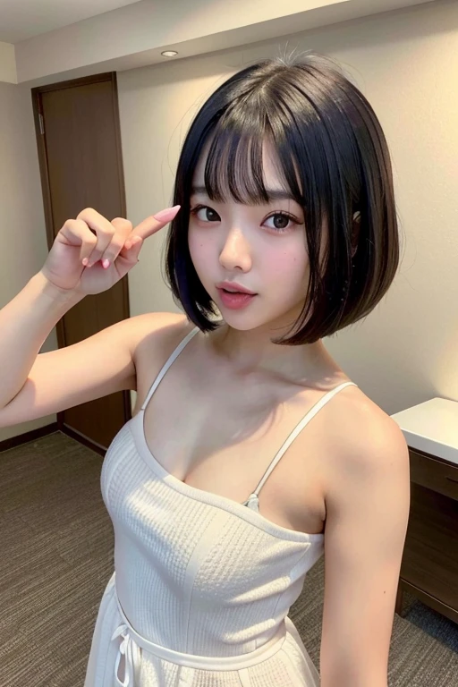 selfie、((highest quality)), ((masterpiece)), (be familiar with), Photo showing the whole body、Are standing、full body,real skin,best quality,(blowjobgesture,blowjob_gesture:1.25),1 girl,blush,Open_stick out tongue、、small breasts、japanese woman、bob cut hairstyle、bright hair color、20-year-old、hotel room