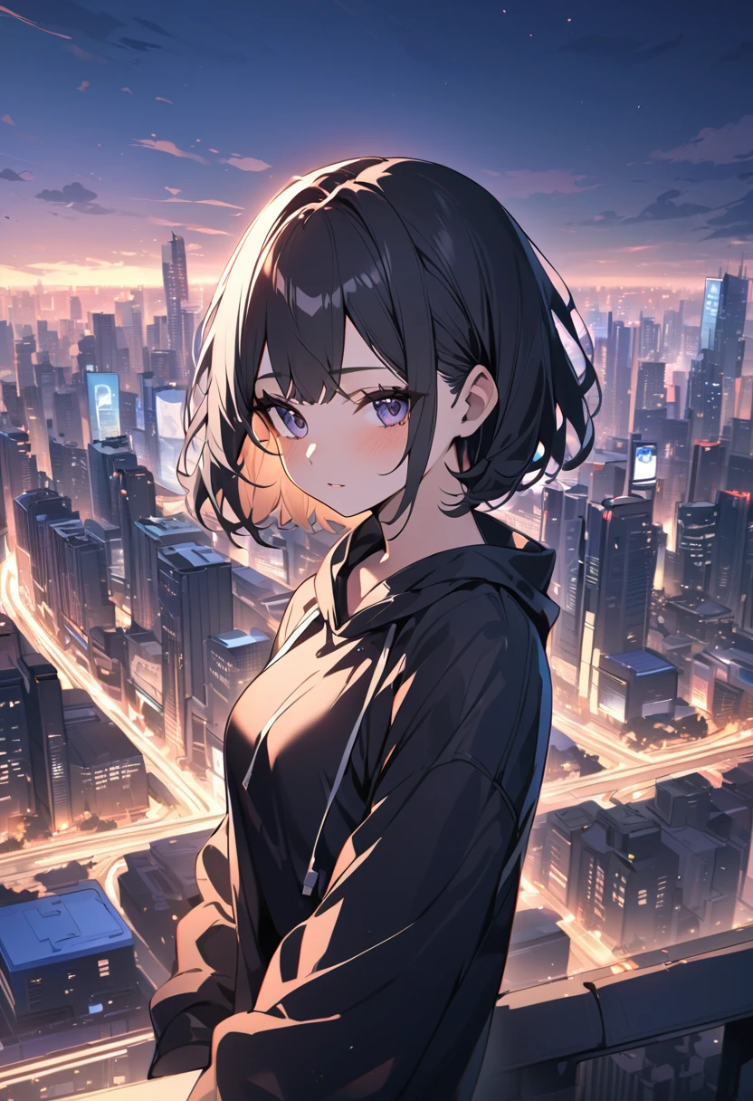 Highest quality,Highest Resolution,sexy，so beautiful，1 female，young teen，alone，Black Short Hair，, city，Calm expression