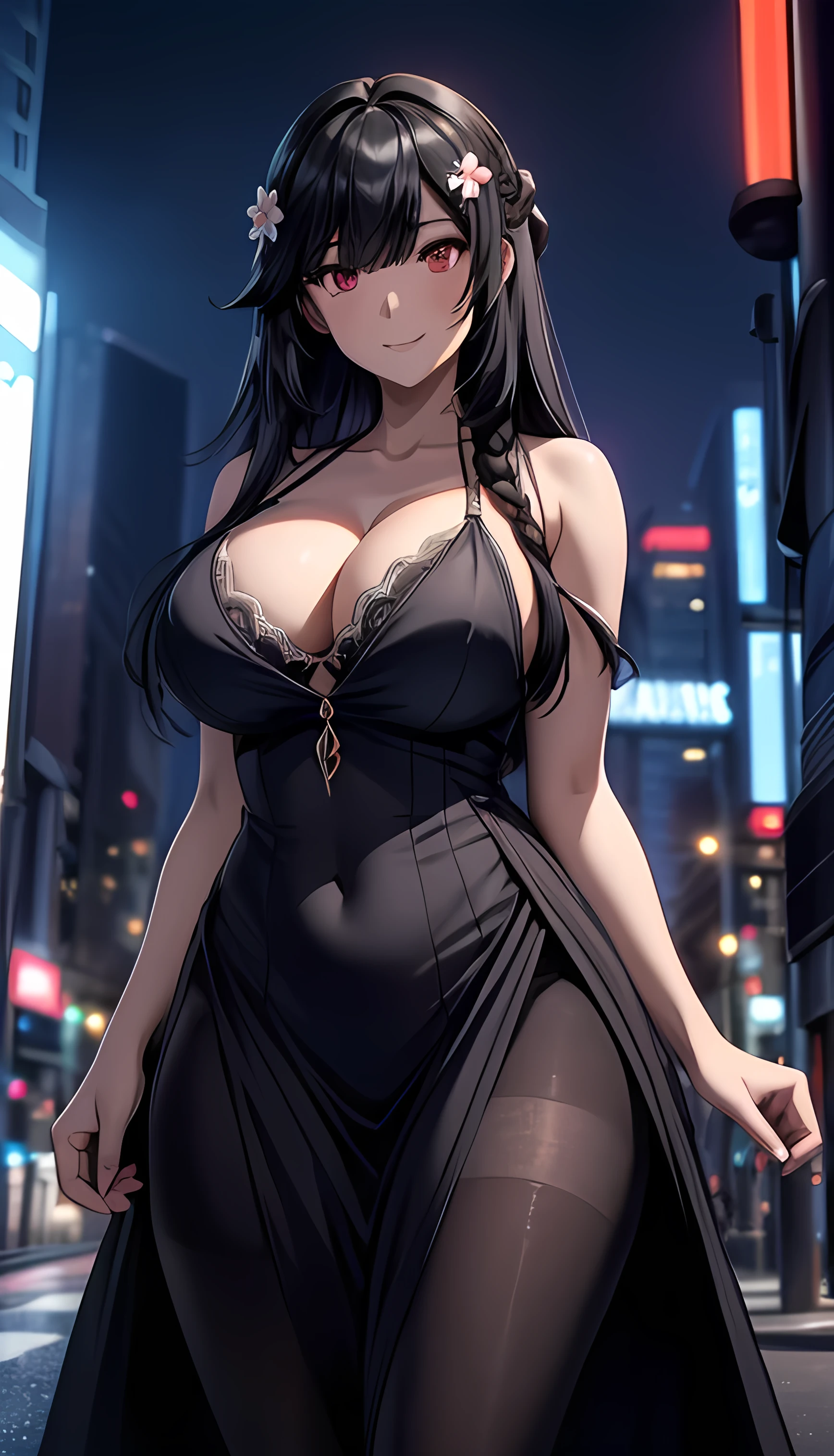 score_9, score_8_up, score_7_up, score_6_up, score_5_up, score_4_up, (8k, RAW photo, best quality, masterpiece:1.2), 1girl,hair ornament,black hair,long hair,hair flower,hairclip,red eyes,braid,bangs,hair between eyes,masterpiece, best quality, photorealistic, 1girl, solo, looking at viewer, smile, long hair, breasts, curvy ,huge breast, dress, long dress, dress tug, cleavage, collarbone, navel, bare shoulders, pantyhose, outside, city, night, cyberpunk,