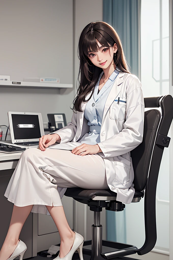 Doctor, 1 woman, solo, sitting (Looking at the audience), (white lab coat:1.5), long skirt ,Stylish clothes mature woman /(dark brown hair/) Bangs, smiling kindly (The best quality masterpiece:1.2) , Delicate illustrations, Special details, (hospital examination room) In the building, desk (X-ray image of the lungs:1.2) Detailed background