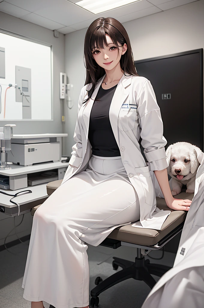 Doctor, 1 woman, solo, sitting (Looking at the audience), (white lab coat:1.5), long skirt ,Stylish clothes mature woman /(dark brown hair/) Bangs, smiling kindly (The best quality masterpiece:1.2) , Delicate illustrations, Special details, (hospital examination room) In the building, desk (X-ray image of the lungs:1.2) Detailed background